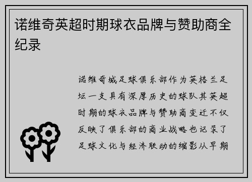 诺维奇英超时期球衣品牌与赞助商全纪录