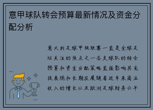意甲球队转会预算最新情况及资金分配分析